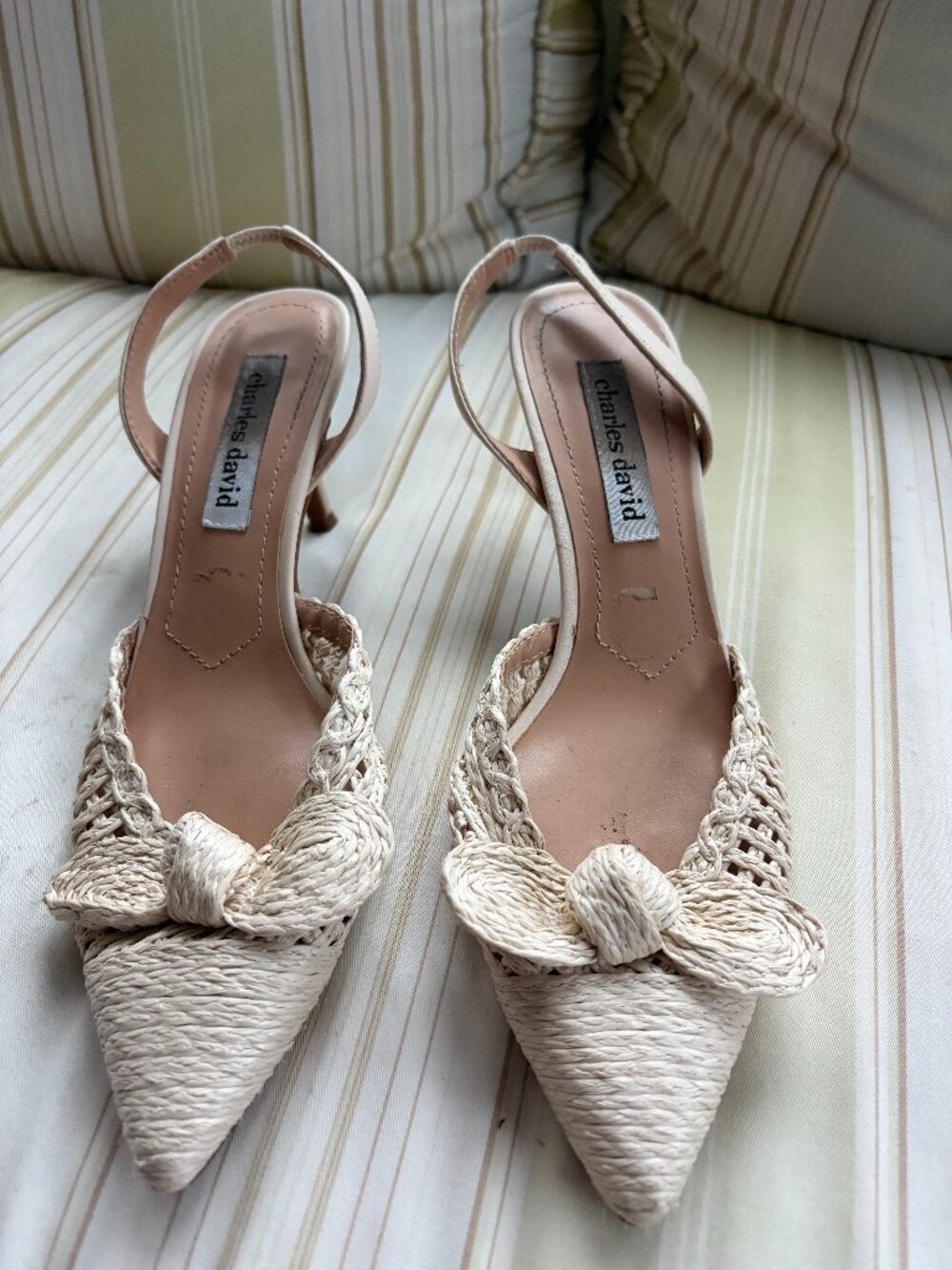 Charles David Allyson Raffia Bow Slingback Kitten Heels - Cream, Size 6.5